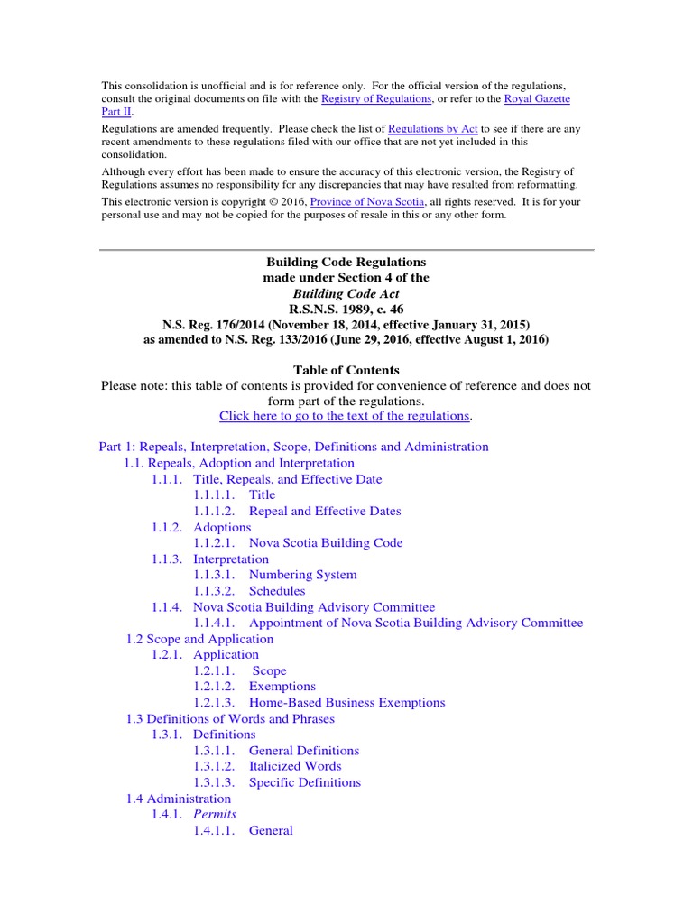 Building Code Regulations Building Code Act (Nova Scotia) Building
