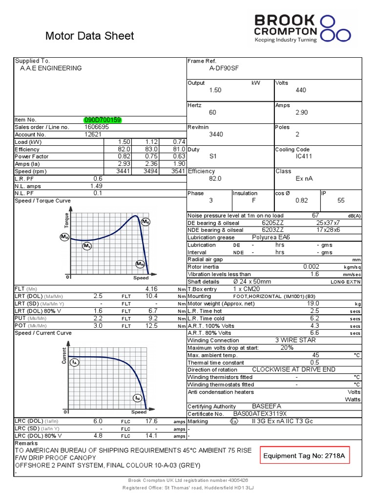 Brook Motor Data Sheet Electric Motor Rotating Machines