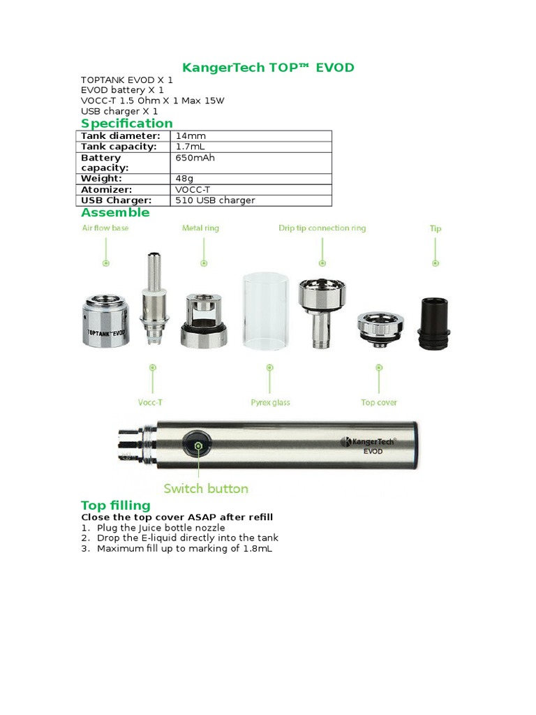 Kanger Top EVOD User Manual | Battery Charger | Manufactured Goods