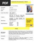 Chemical Engineering Thermodynamics I Che 301: Credit Hours and Term