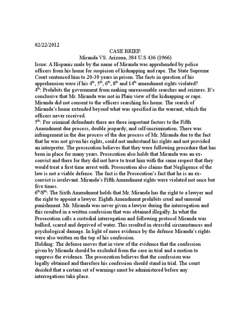 Case Brief 1 Miranda Warning Miranda V. Arizona