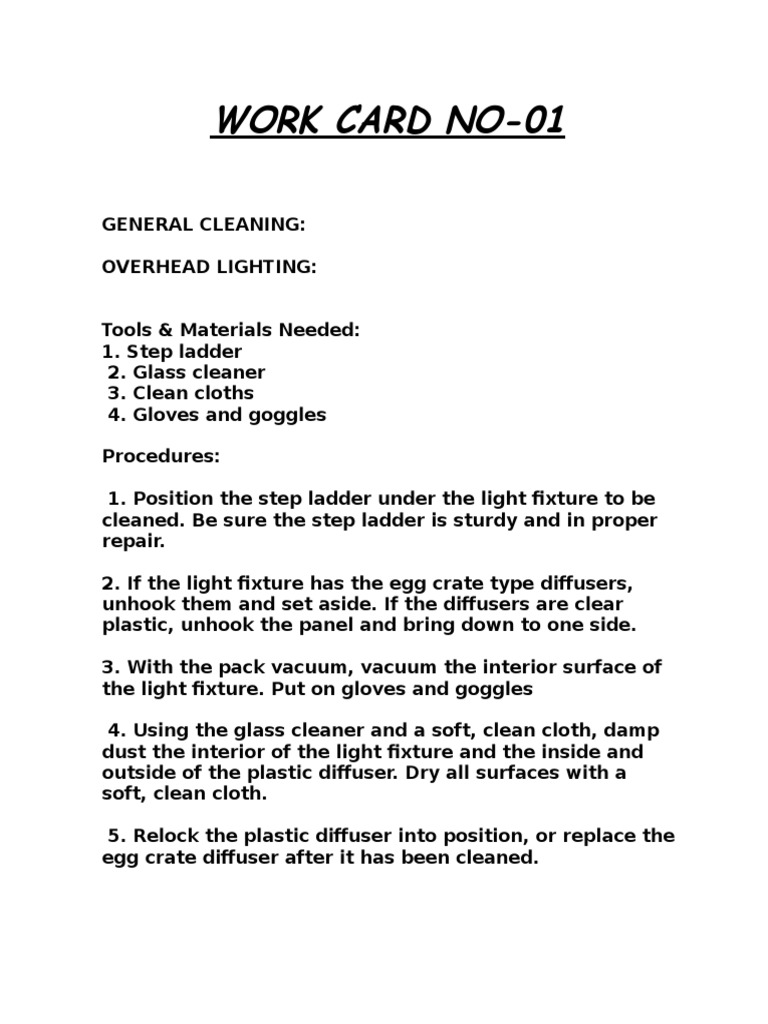 Housekeeping Work Cards PDF Housekeeping Cleaning