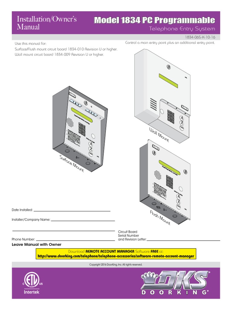 Doorking 1834 Manual PDF Relay Switch