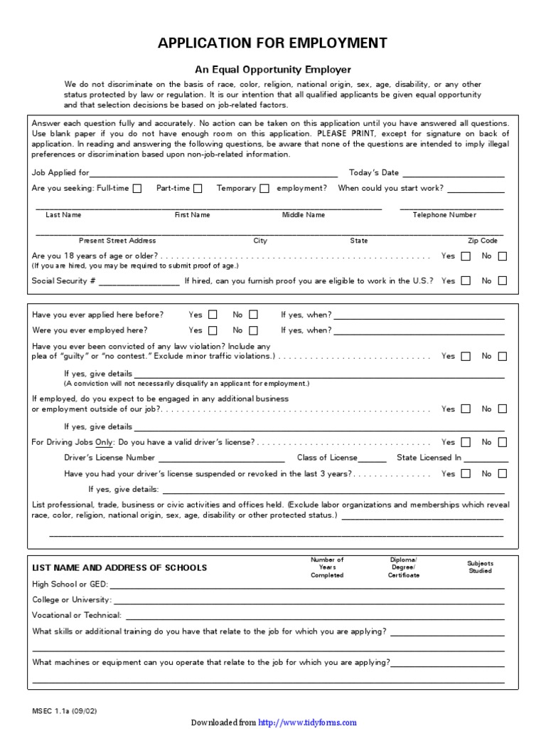 Blank Job Application 2 Equal Opportunity Employment