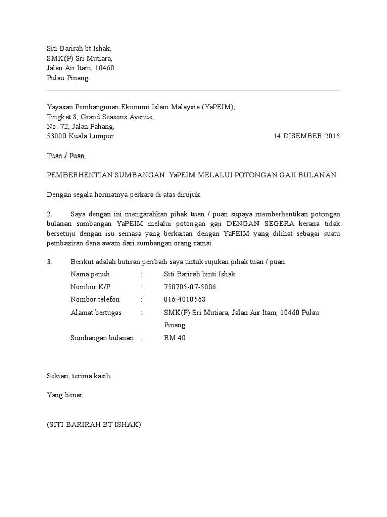 Contoh Surat Pembatalan Pemotongan Gaji Yapeim