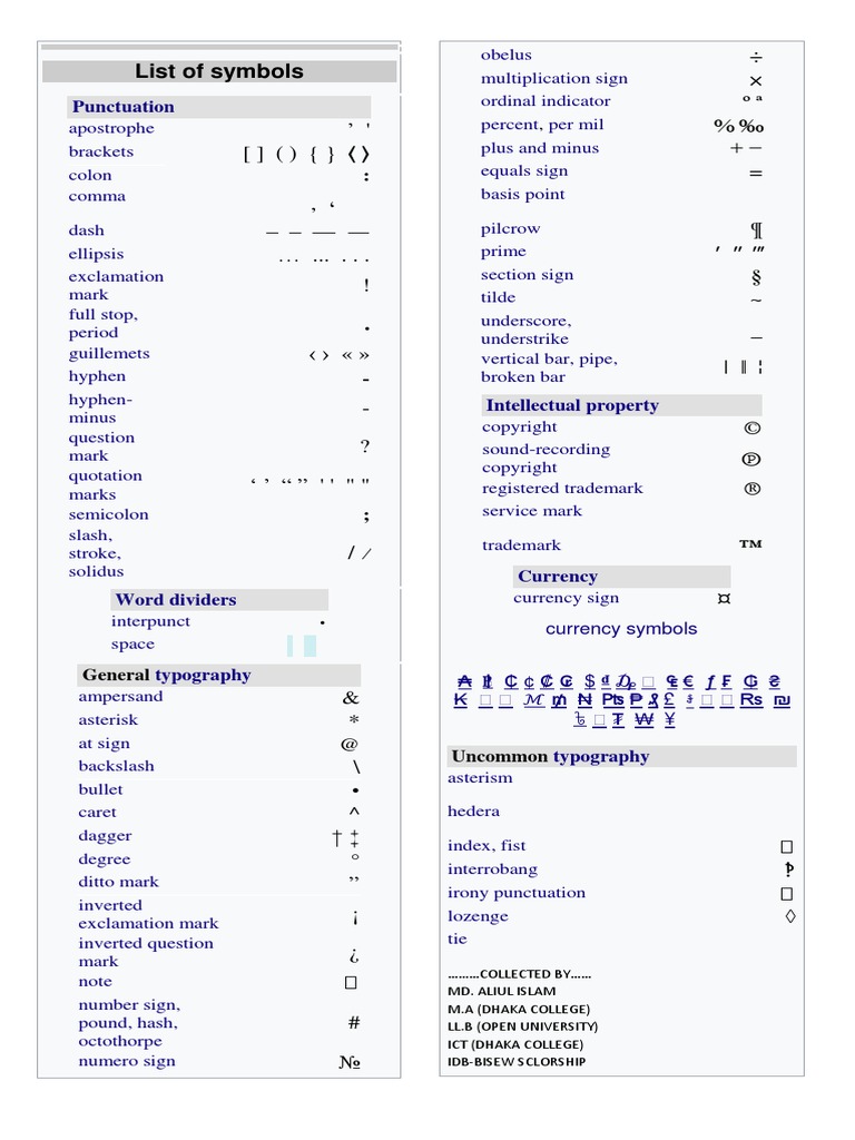 List of Symbols | PDF | Ellipsis | Punctuation