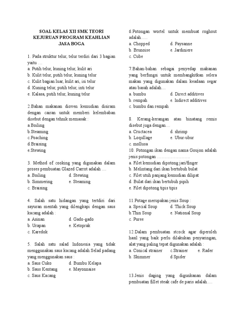 Soal Kelas Xii Smk Teori Kejuruan Program Keahlian Jasa Boga