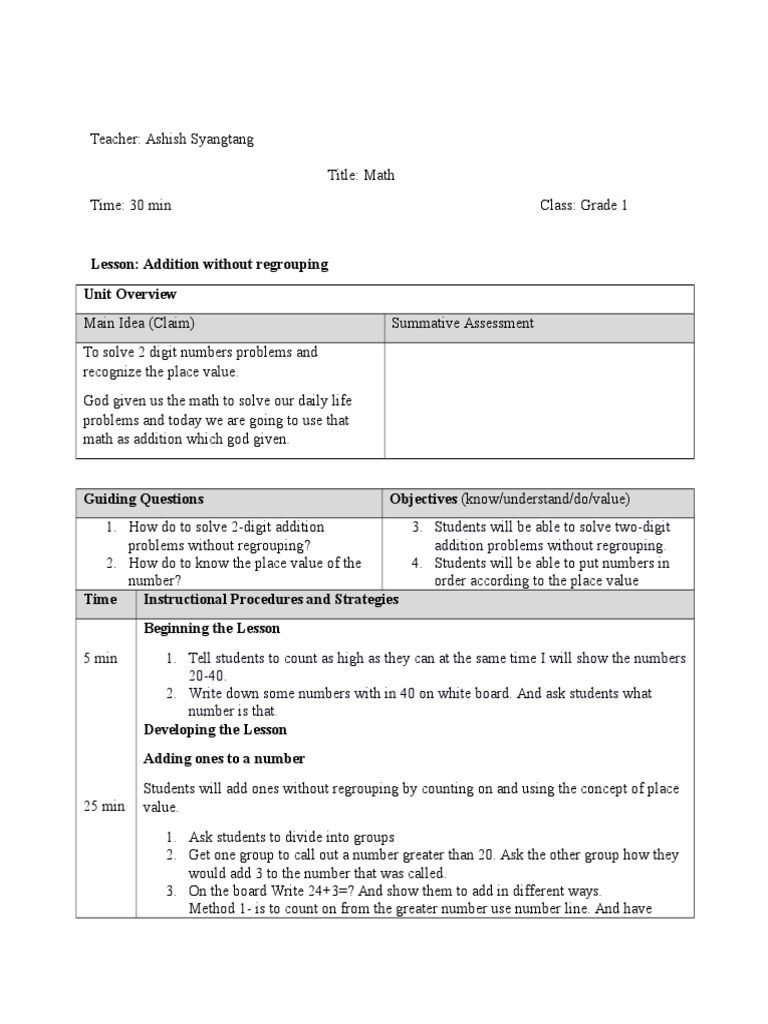 Grade 1 Math: Addition Basics | PDF | Lesson Plan | Education Theory