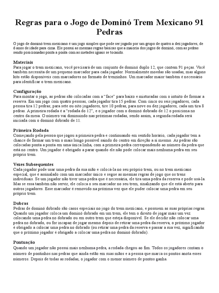 Regras para o Jogo de Dominó Trem Mexicano 91 Pedras, PDF