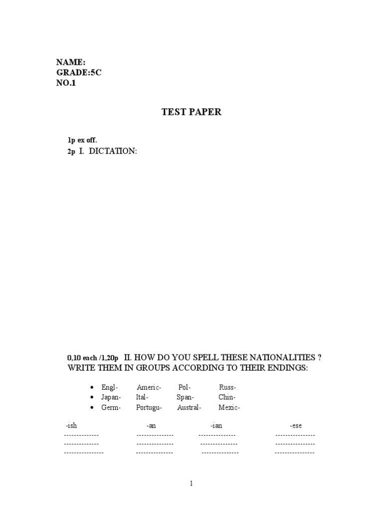 Grade 5C English Test Paper | PDF
