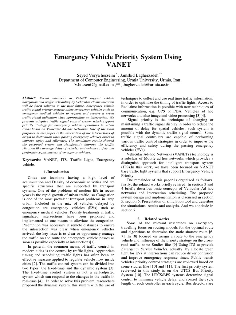 Emergency Vehicle Priority in VANET | PDF | Traffic | Traffic Light