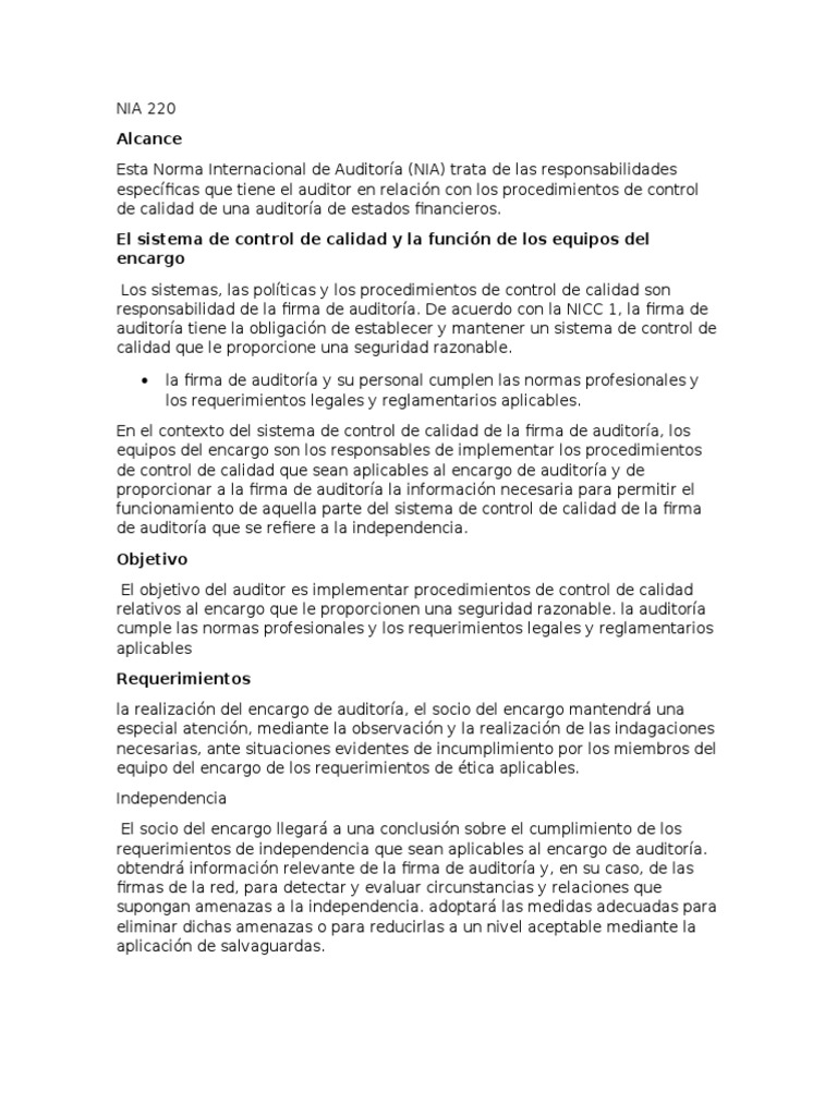 NIA 220 Resumen Calidad Business