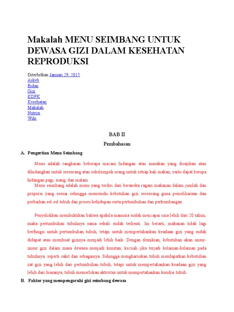 Makalah Menu Seimbang Untuk Dewasa Gizi Dalam Kesehatan Reproduksi