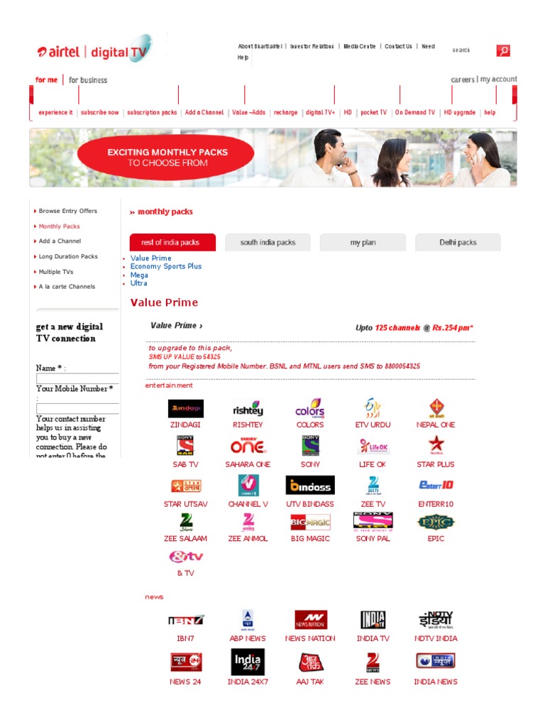 Airtel Digital TV Monthly Packages DTH Packs & Prices in Delhi