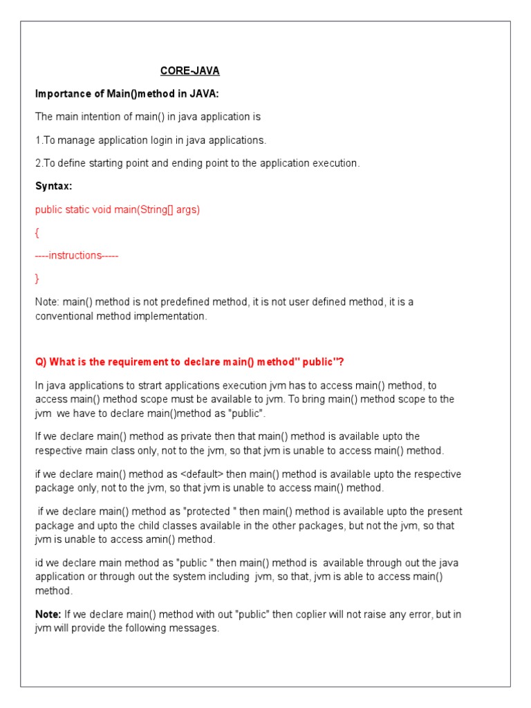 CoreJava Importance of Main Method in JAVA Public Static Void Main (String Args