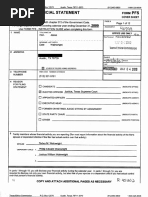 Texas State Supreme Court Justice Jesse W. Wainwright 2010 ethics form