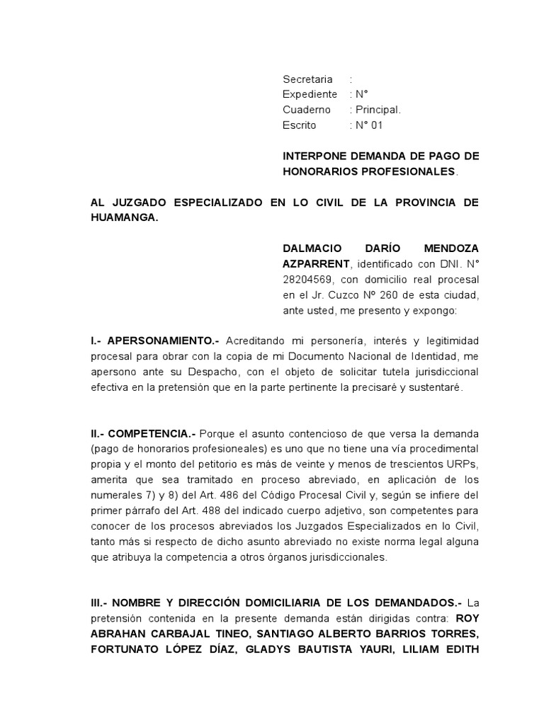 Demanda - Pago de Honorarios | PDF | Ley procesal | Demanda judicial