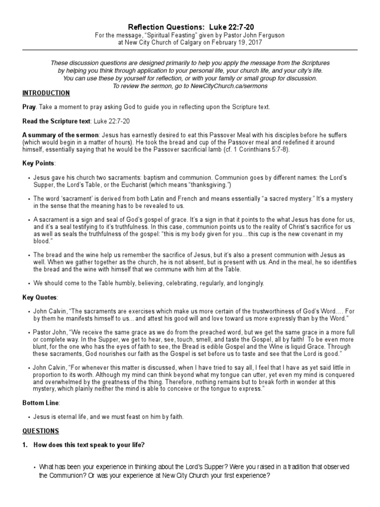 Reflection Questions "Spiritual Feasting" (Luke 22720) Eucharist