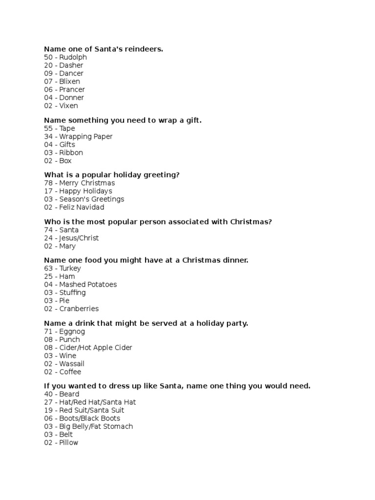 Family Feud | PDF | Santa Claus | Santa Claus's Reindeer for Free Printable Family Feud Questions And Answers