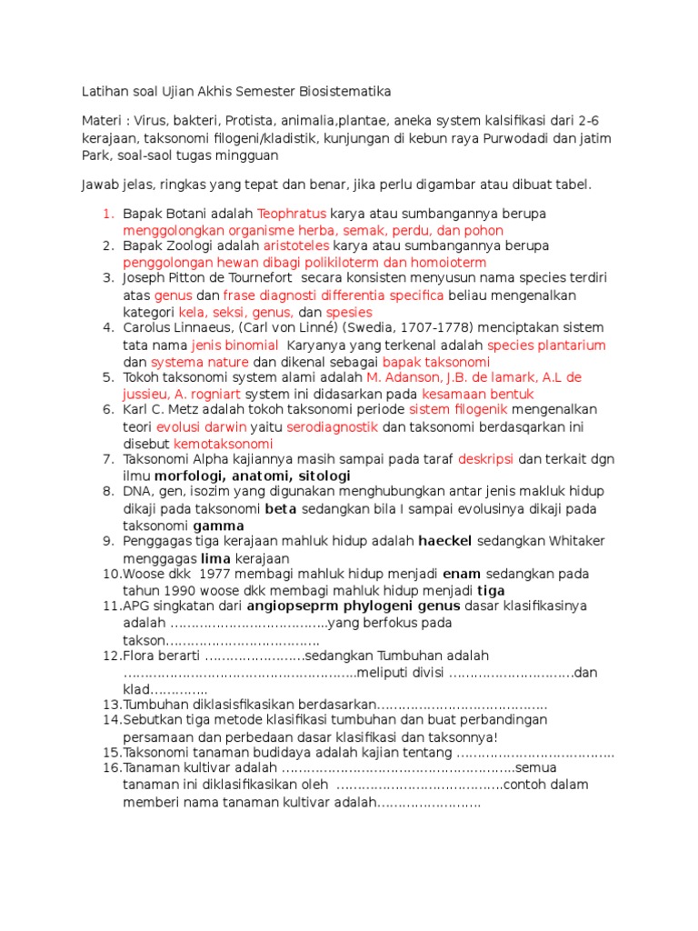 16 Biosislatihan Soal Ujian Akhis Semester Biosistematika