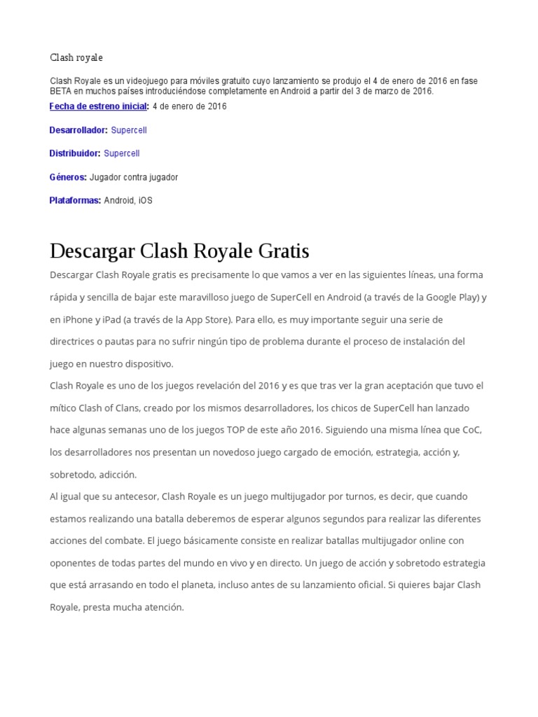Lanzamiento y características de Clash Royale | PDF | Juego de azar ...