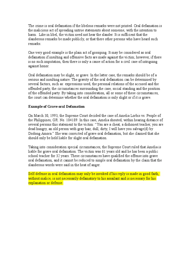 Understanding Oral Defamation Laws | PDF
