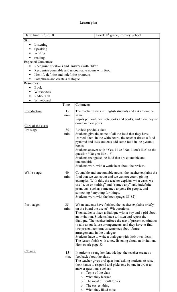 8th Grade English Lesson Plan on Food | PDF | Noun | Cognitive Science