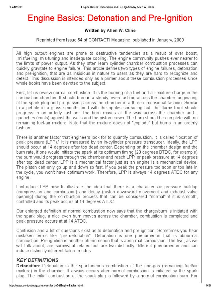 Engine Basics Detonation and PreIgnition by Allen W PDF Internal