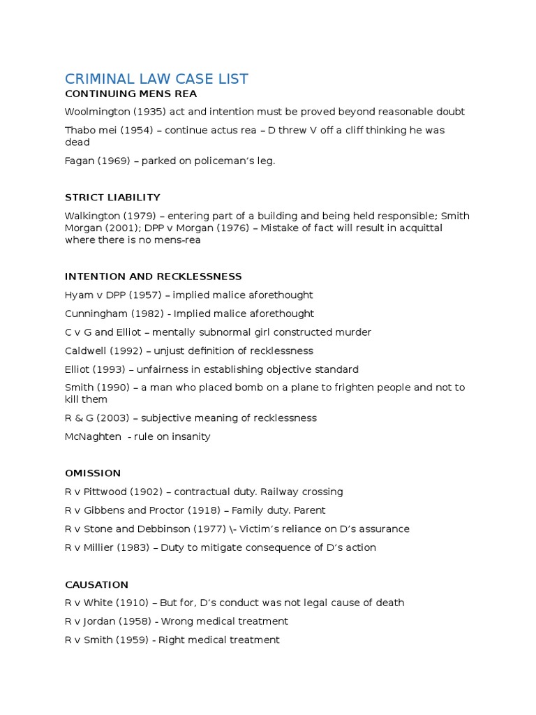 Criminal Law Case List Recklessness (Law) Manslaughter