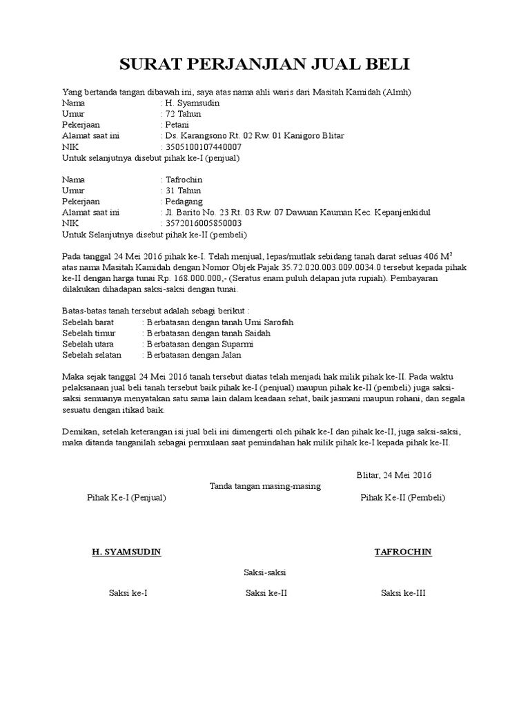 Surat Perjanjian Fee Jual Beli Tanah Kumpulan Surat Penting