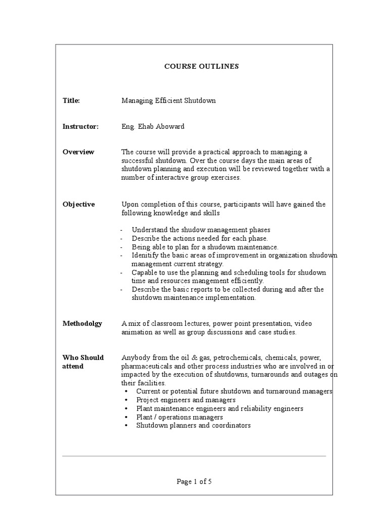 Shutdown Management for Engineers | PDF | Reliability Engineering ...