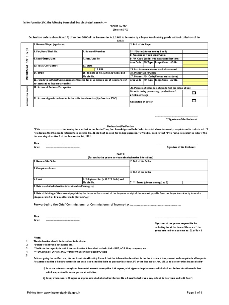 Form 27C Declaration for Income Tax | PDF | Social Institutions ...