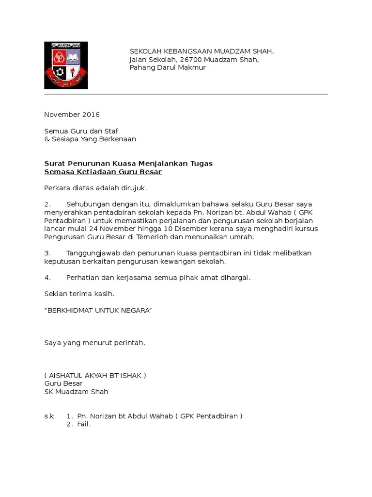 surat penurunan kuasa