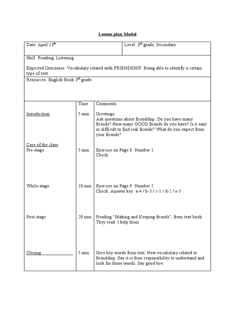 3rd Grade English Lesson Plans on Friendship | PDF | Lesson Plan | Teachers