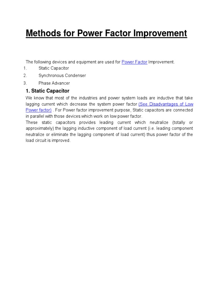 Methods For Power Factor Improvement | PDF | Capacitor | Ac Power