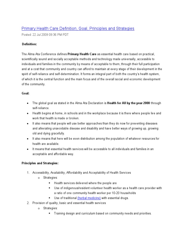 Primary Health Care Definition Goal Objectives