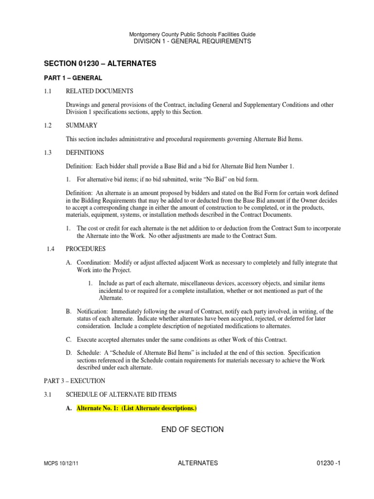 MCPS Facilities Guide: Alternate Bids | PDF | Specification (Technical ...