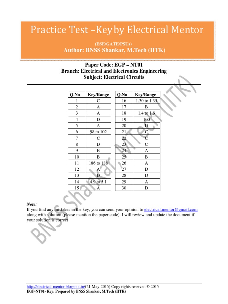 Practice Test - Key by Electrical Mentor: Author: BNSS Shankar, M.Tech ...