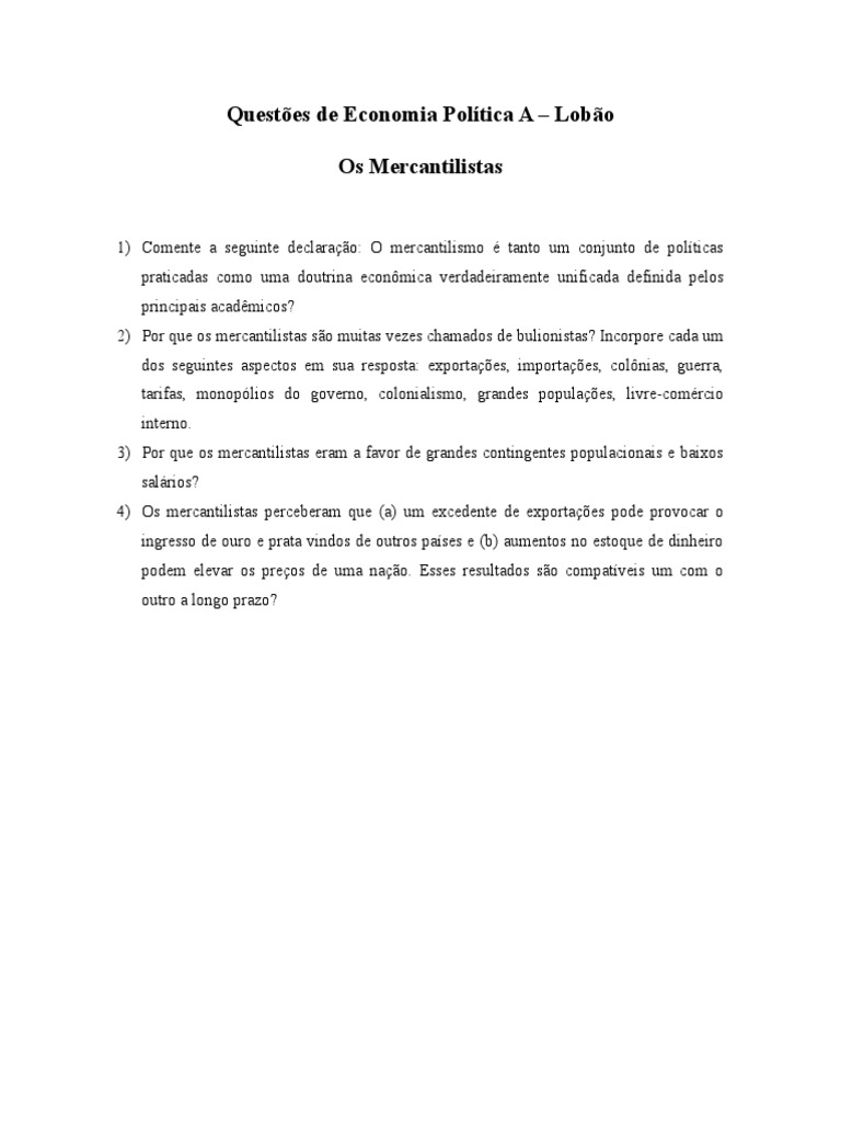 Questões sobre Mercantilismo | PDF