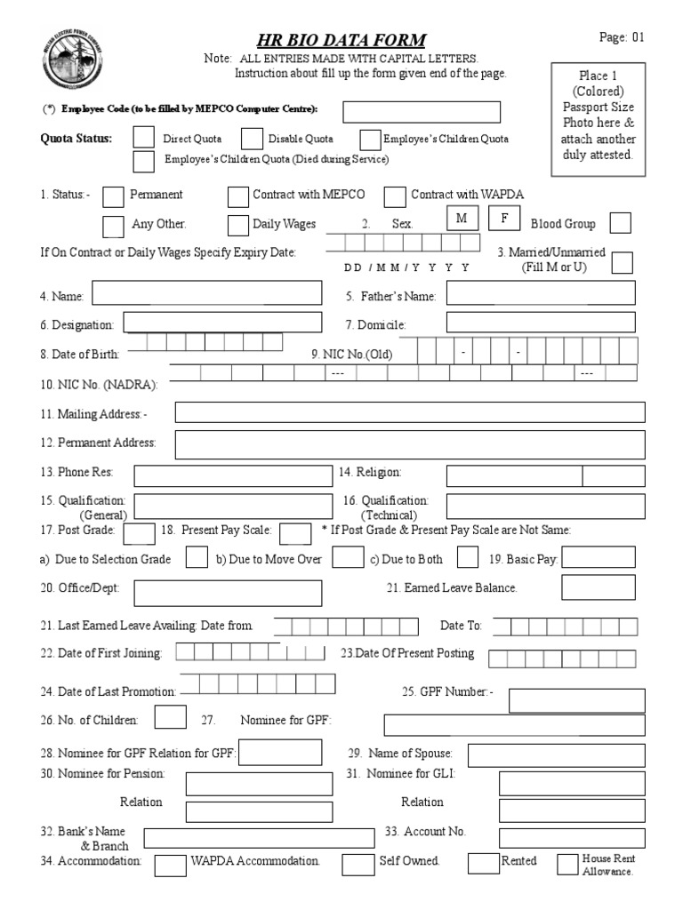 Employee Bio Data Form Template | PDF | Government | Business