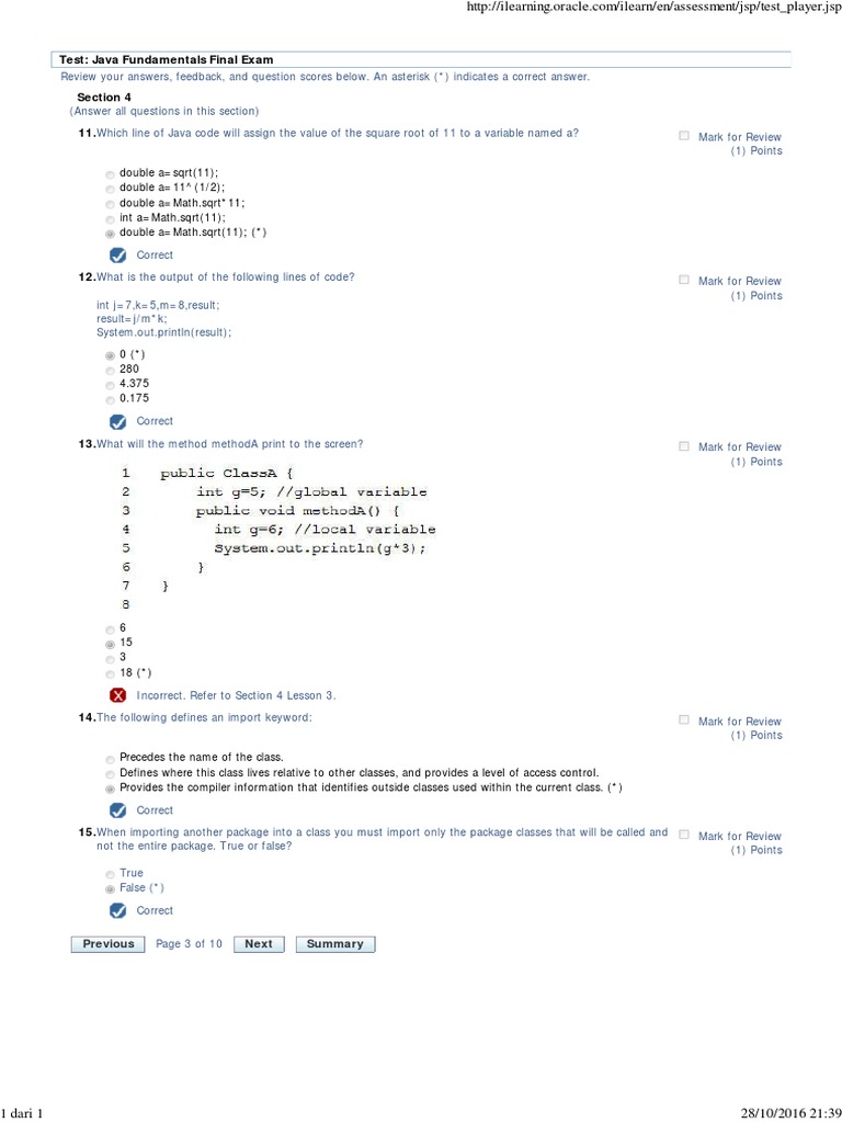 Test: Java Fundamentals Final Exam: Previous Next | PDF | Java ...