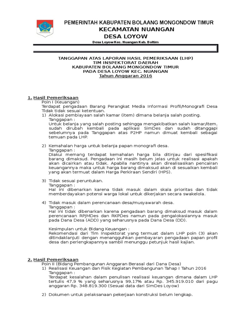 Tanggapan Lhp Inspektorat Desa Loyow