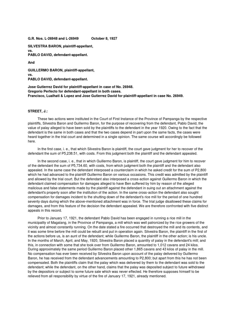Baron Vs David 51 Phil 1 | PDF | Damages | Rice