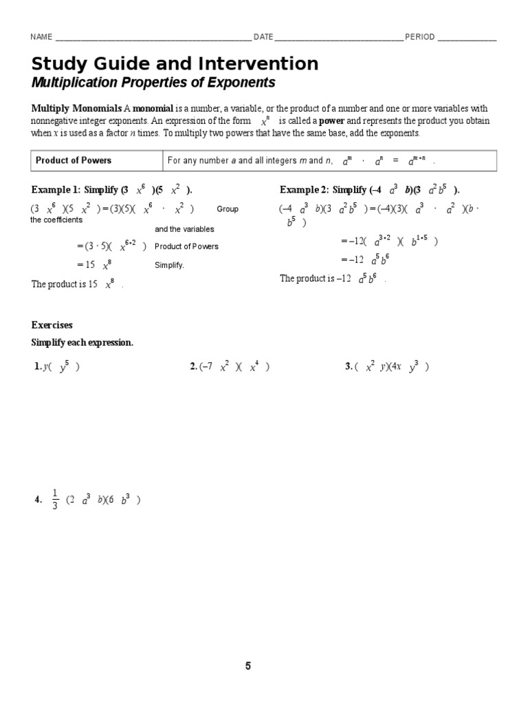 100 10 study guide and intervention multiplying monomials For Multiplication Properties Of Exponents Worksheet