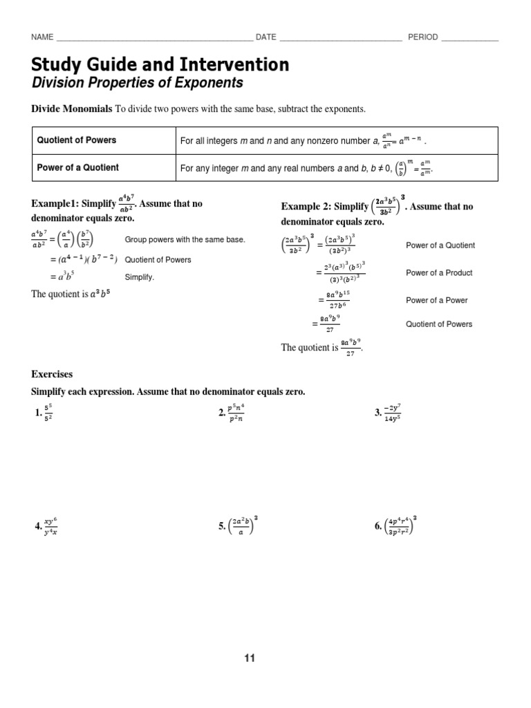11 11 Division Properties of Exponents Worksheet  Exponentiation Regarding Multiplication Properties Of Exponents Worksheet