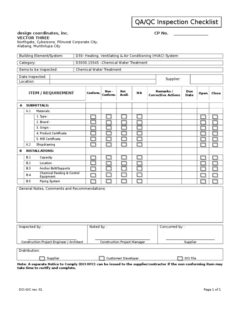 QA/QC Inspection Checklist: Design Coordinates, Inc. CP No. - Vector ...