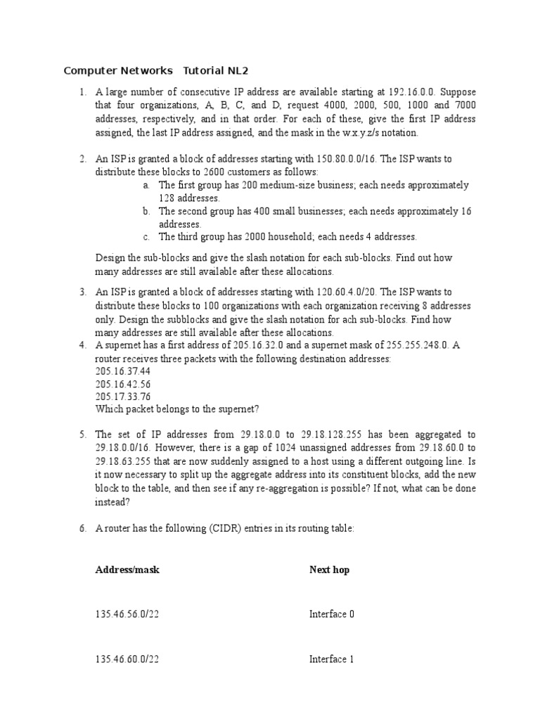 Computer Networks Tutorial NL2 Address/mask Next Hop PDF Router