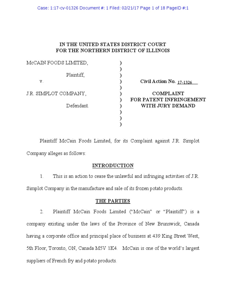 McCain Foods v. J.R. Simplot - Complaint | PDF | Patent | United States ...