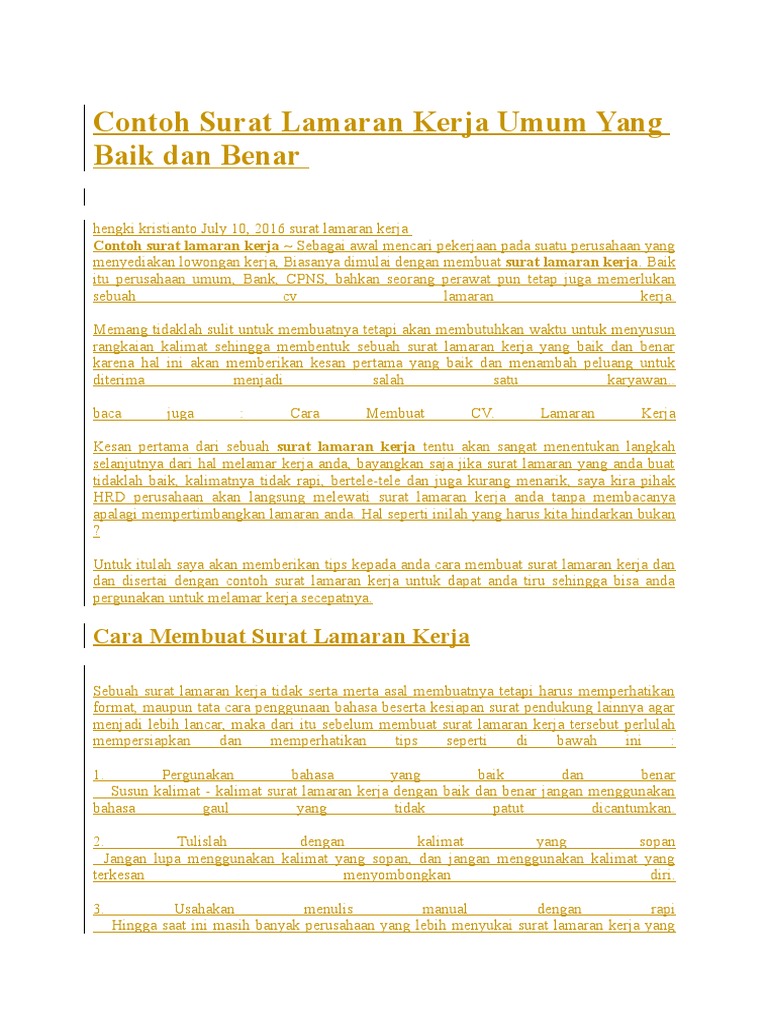 Contoh Surat Lamaran Kerja Di Laboratorium Klinik