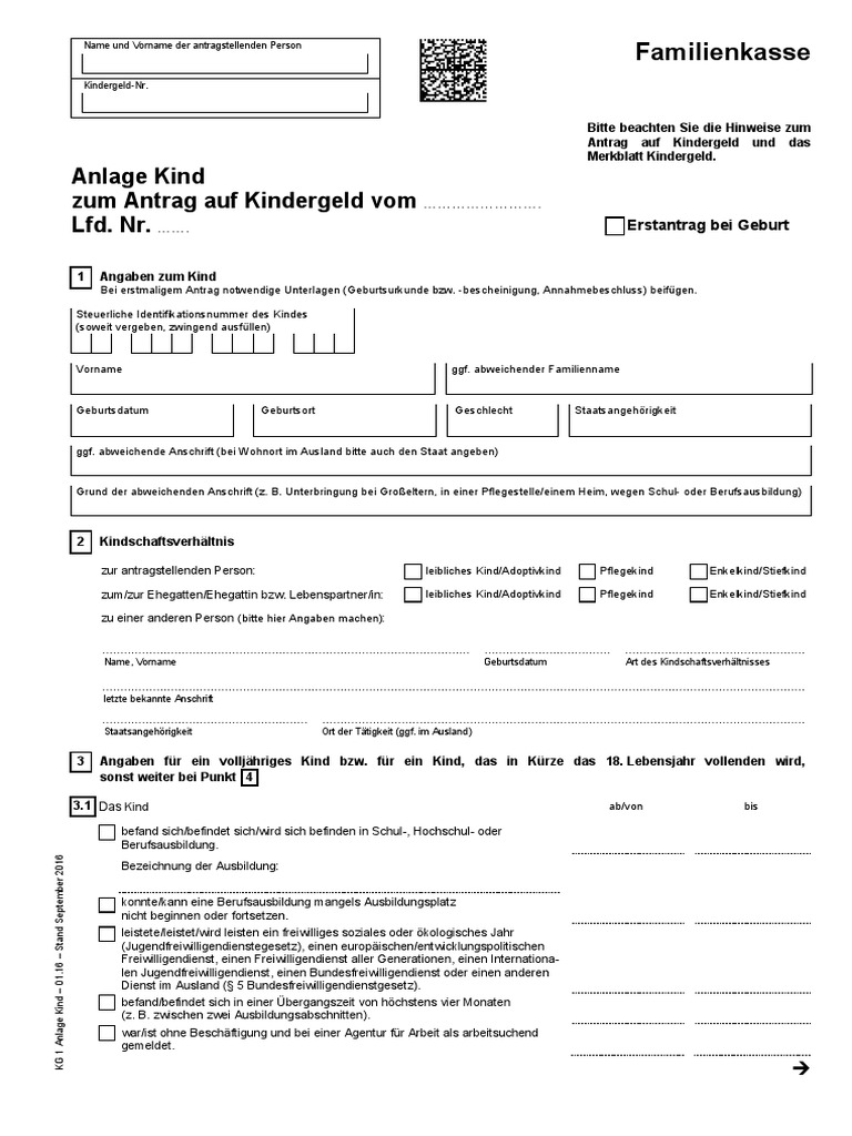Anlage Kind zum Antrag auf Kindergeld vom Lfd. Nr. Familienkasse